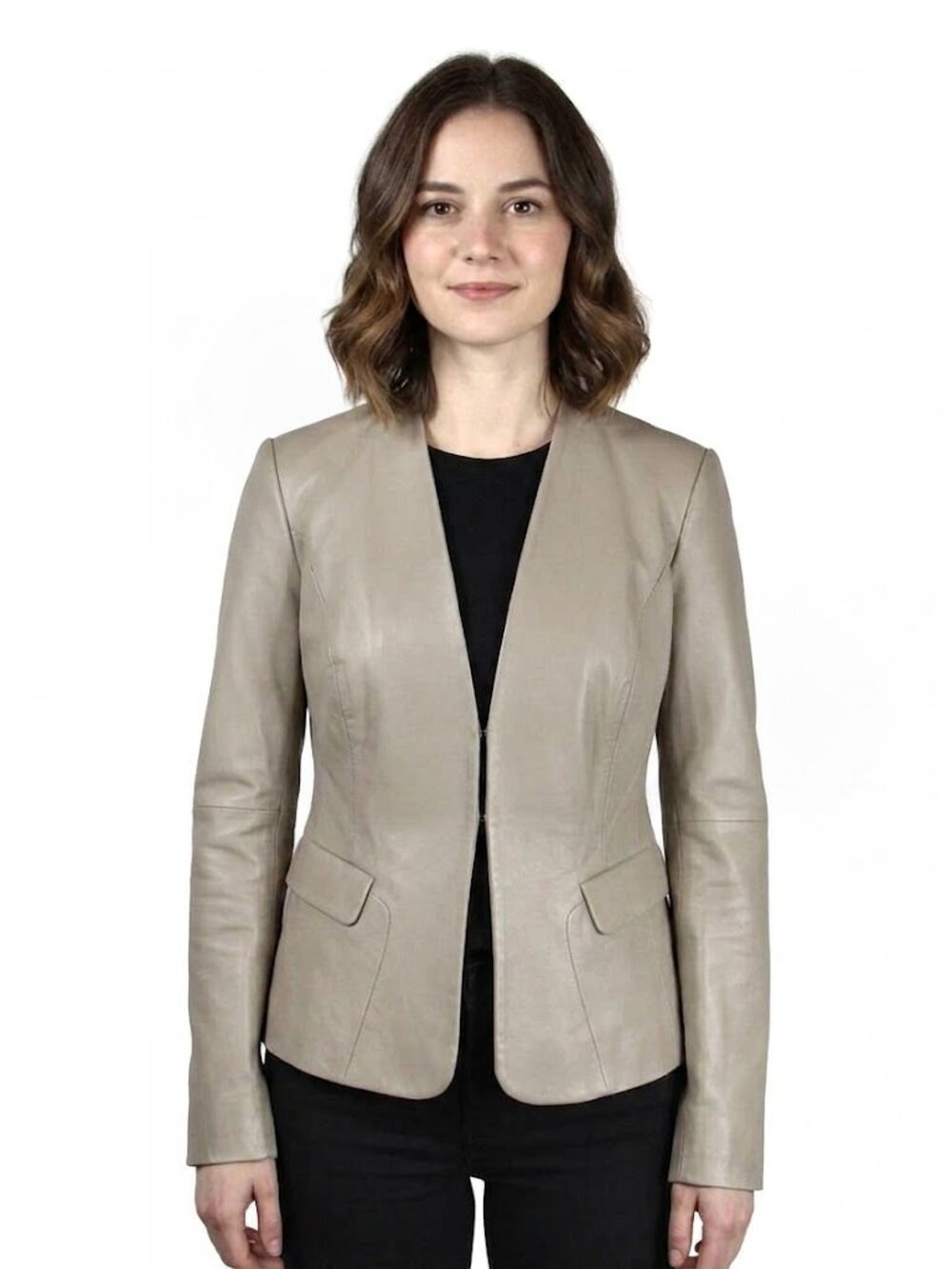 Emerson Rose Open Front Leather Jacket, Beige, Womens Size Small
